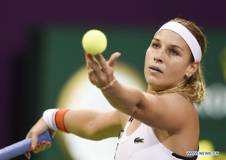 Dominika Cibulkova of Slovakia serves during the women's singles quarterfinal against Samantha Stosur of Australia at WTA Qatar Open 2017 at the International Khalifa Tennis Complex of Doha, Qatar, Feb. 16, 2017. Dominika Cibulkova won 2-0. (Xinhua/Nikku)