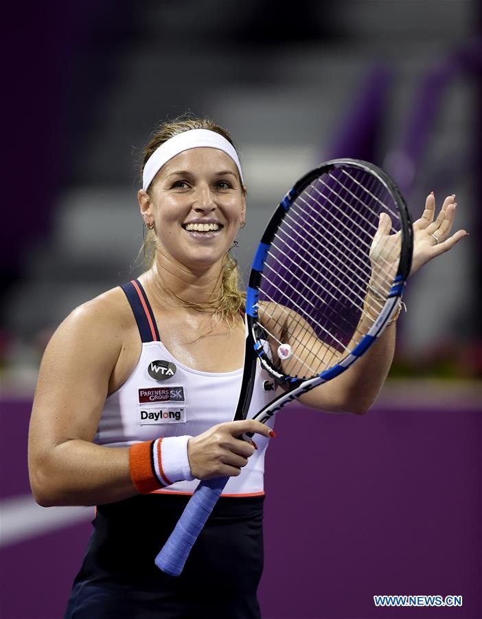Dominika Cibulkova of Slovakia celebrates after winning the women's singles quarterfinal against Samantha Stosur of Australia at WTA Qatar Open 2017 at the International Khalifa Tennis Complex of Doha, Qatar, Feb. 16, 2017. Dominika Cibulkova won 2-0. (Xinhua/Nikku)