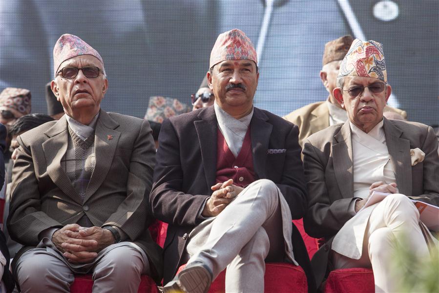 Chairman of Rastriya Prajatantra Party (RPP) Kamal Thapa (C) participates in a rally on the occasion of RPP's general convention in Kathmandu, Nepal, on Feb.17, 2017. 
