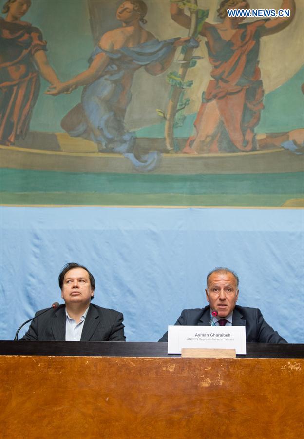 Ayman Gharaibeh (R), representative in Yemen of the office of the United Nations High Commissioner for Refugees (UNHCR), addresses the media on the humanitarian situation in Yemen, in Geneva, Switzerland, on Feb. 17, 2017.