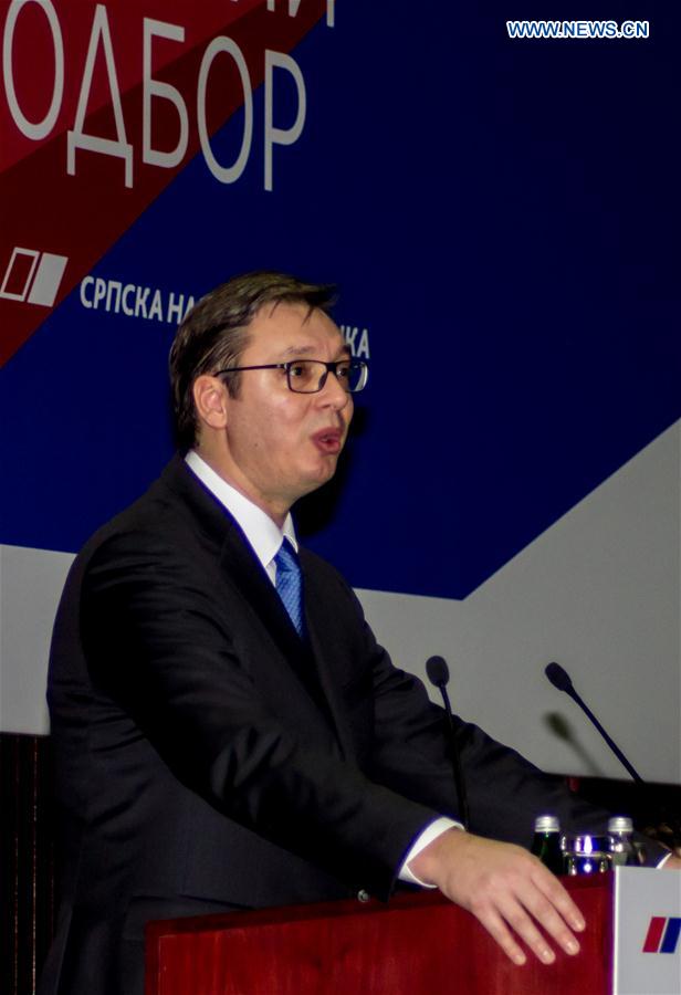 Serbian Prime Minister Aleksandar Vucic delivers a speech at the meeting of the Steering Committee of Serbian Progressive Party in Belgrade, Serbia, on Feb. 17, 2017.