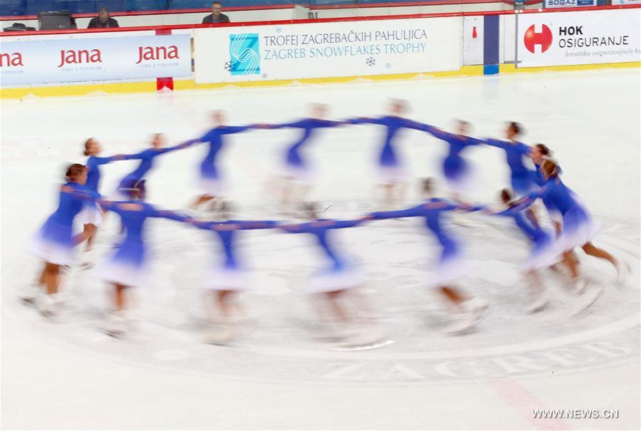 Ice skating team Snowflakes of Croatia perform at the Senior Short Program of 14th Zagreb Snowflakes Trophy in Zagreb, capital of Croatia, Feb 18, 2017. (Xinhua/Jurica Galoic) 