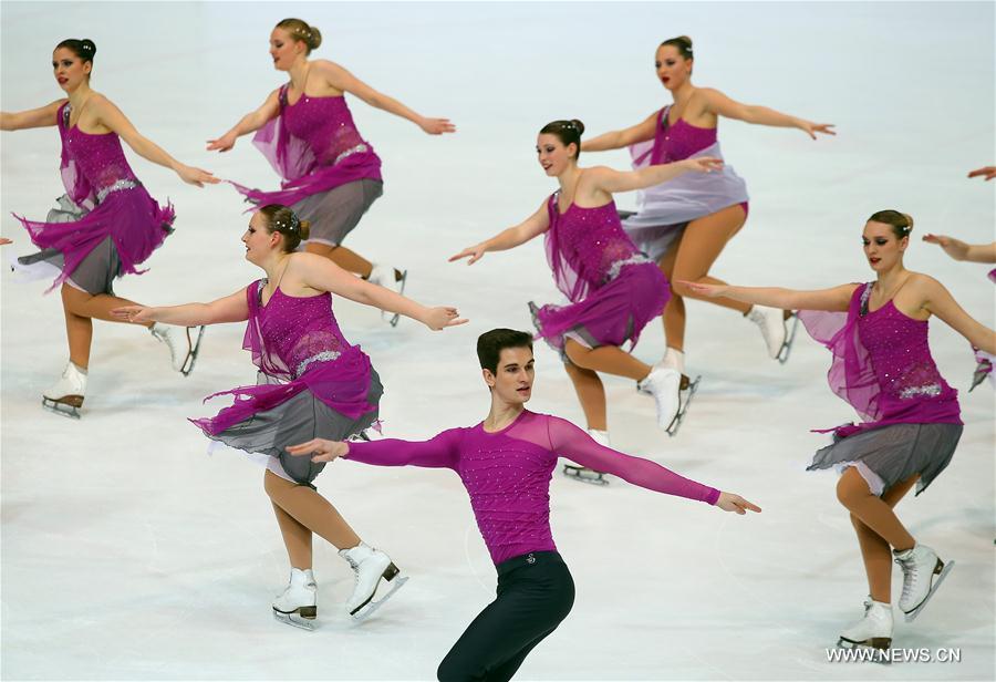 Ice skating team Snowflakes of Croatia perform at the Senior Short Program of 14th Zagreb Snowflakes Trophy in Zagreb, capital of Croatia, Feb 18, 2017. (Xinhua/Jurica Galoic) 