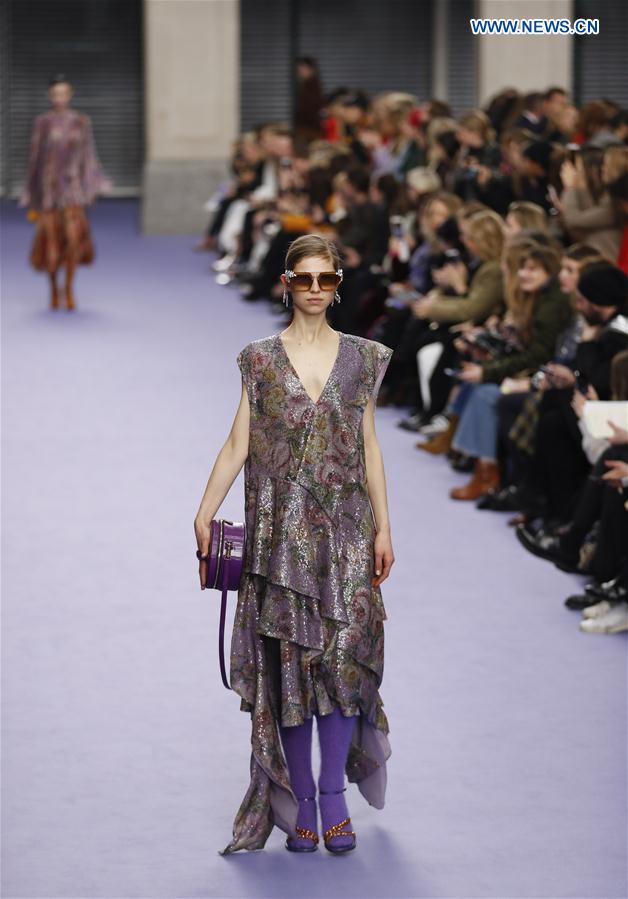 A model showcases a design at the Mulberry show during the London Fashion Week February 2017 collections in London, Britain, on Feb. 19, 2017.