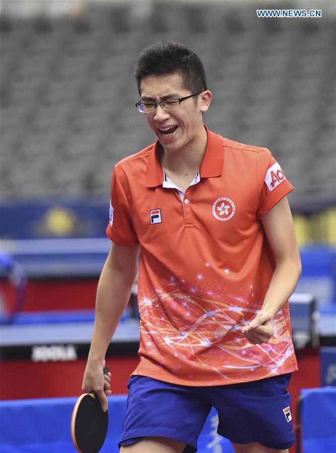 Lam Siu Hang of Hong Kong, China, celebrates a point during the U21 Men's Singles final against Tomislav Pucar of Croatia at the ITTF Seamaster 2017 World Tour Platinum Qatar Open, in Doha, capital of Qatar, Feb. 22, 2017. 