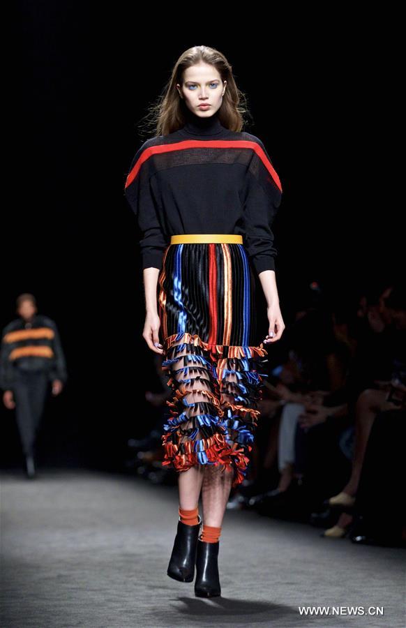 A model presents a creation for fashion house Byblos during Milan Fashion Week Fall/Winter 2017/2018 on Feb. 23, 2017, in Milan, Italy.