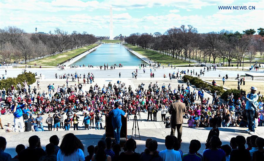People participate in the 13th annual reading of Martin Luther King's 'I Have a Dream' speech event at Lincoln Memorial in Washington D.C., capital of the United States, on Feb. 24, 2017 to commemorate the civil rights leader.