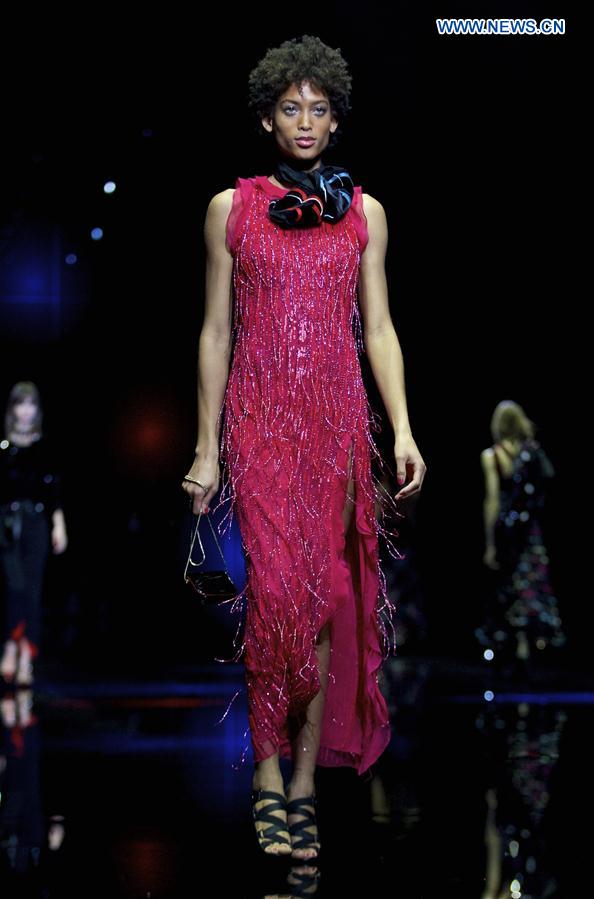 A model presents a creation for fashion house Emporio Armani during Milan Fashion Week Fall/Winter 2017/2018 on Feb. 24, 2017, in Milan, Italy.