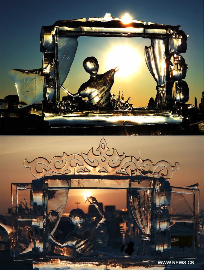 Ice sculptures began to melt as temperature rose recently. Ice sculptures began to melt as temperature rose recently.