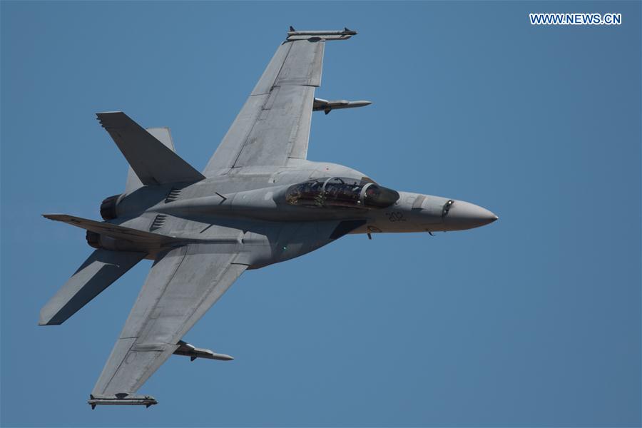 A F-18F Super Hornet performs at the Australian International Aerospace and Defence Exposition at the Avalon Airfield, southwest of Melbourne, Australia, on Feb. 28, 2017.