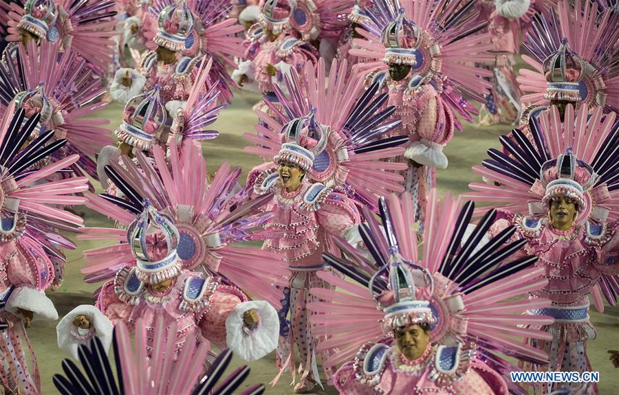 Revelers of Mangueira Samba School participate in the parades of the Carnival at the Sambadrome in Rio de Janeiro, Brazil, Feb. 28, 2017. Special groups' Samba Schools of the Rio Carnaval 2017 concluded their parades in the morning on Tuesday.