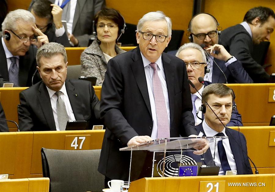 Photo taken on March 1, 2017 shows a plenary session at which European Commission President Jean-Claude Juncker addresses the 'White Paper on the Future of Europe' at the European Parliament, in Brussels, Belgium. (Xinhua/Ye Pingfan) 
