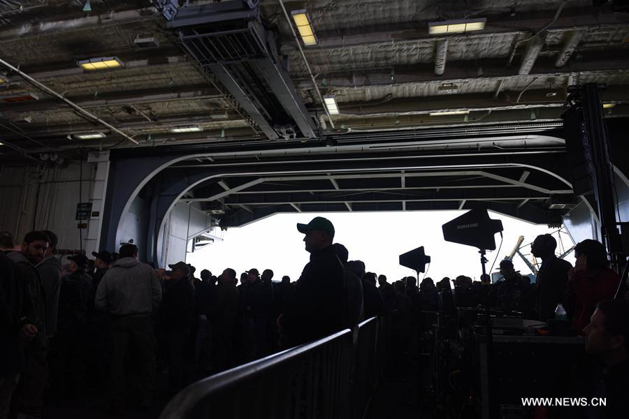 U.S. President Donald Trump delivers remarks aboard the pre-commissioned U.S. Navy aircraft carrier Gerald R. Ford in Newport News, Virginia, the Unite States, March 2, 2017.