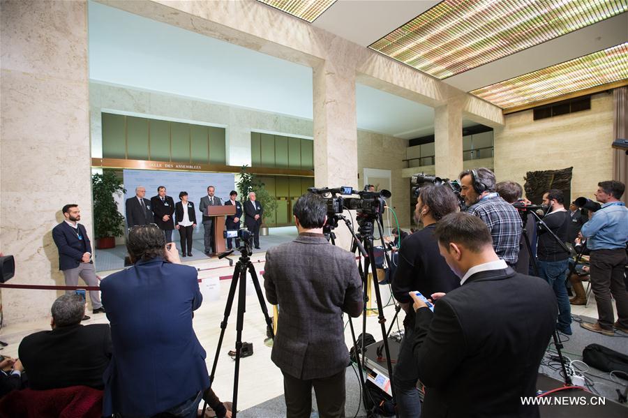 Syria's opposition delegation leader Nasr al-Hariri addresses the media at Palais des Nations in Geneva, Switzerland, March 2, 2017. 