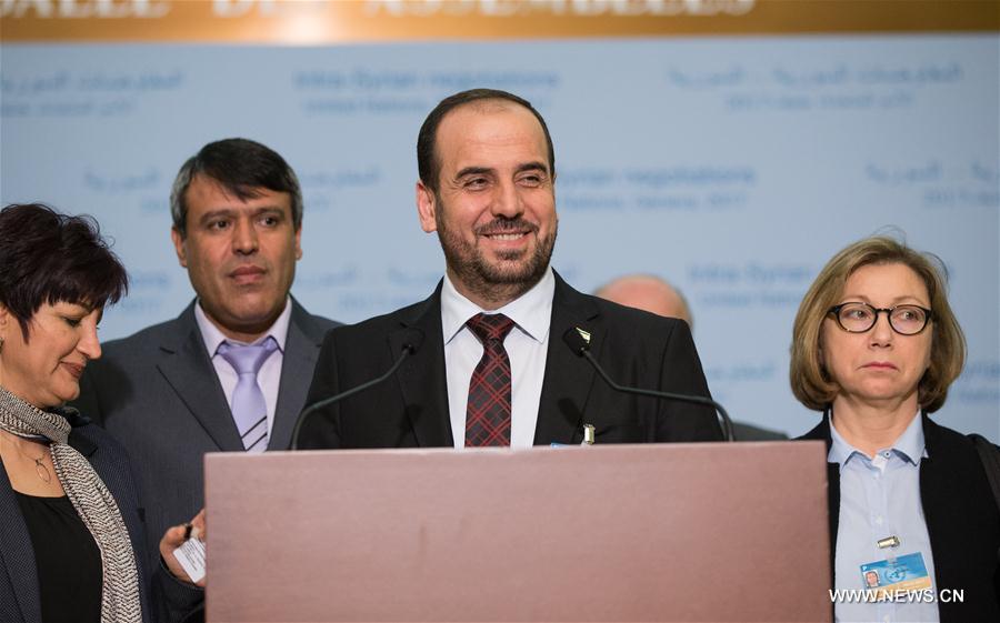 Syria's opposition delegation leader Nasr al-Hariri (front) attends a press conference at Palais des Nations in Geneva, Switzerland, March 3, 2017. Syria's opposition delegation leader Nasr al-Hariri (front) attends a press conference at Palais des Nations in Geneva, Switzerland, March 3, 2017.
