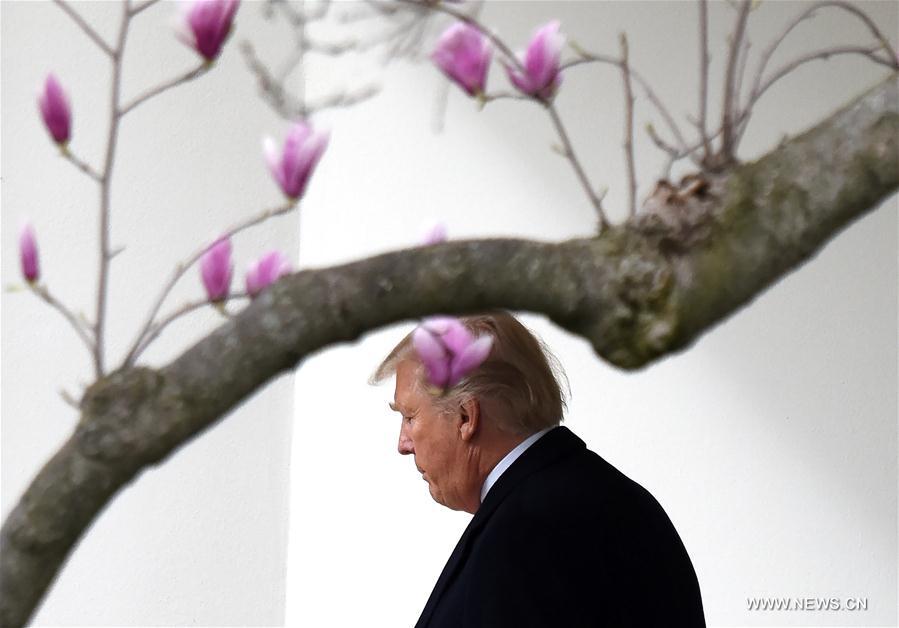 U.S. President Donald Trump walks with his grandchildren Arabella Kushner (L) and Joseph Kushner (R) to board Marine One from the White House in Washington D.C., the United States, March 3, 2017.