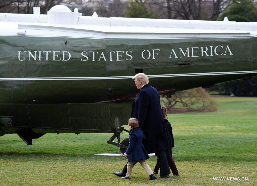 U.S. President Donald Trump walks with his grandchildren Arabella Kushner (L) and Joseph Kushner (R) to board Marine One from the White House in Washington D.C., the United States, March 3, 2017. U.S. President Donald Trump walks with his grandchildren Arabella Kushner (L) and Joseph Kushner (R) to board Marine One from the White House in Washington D.C., the United States, March 3, 2017.