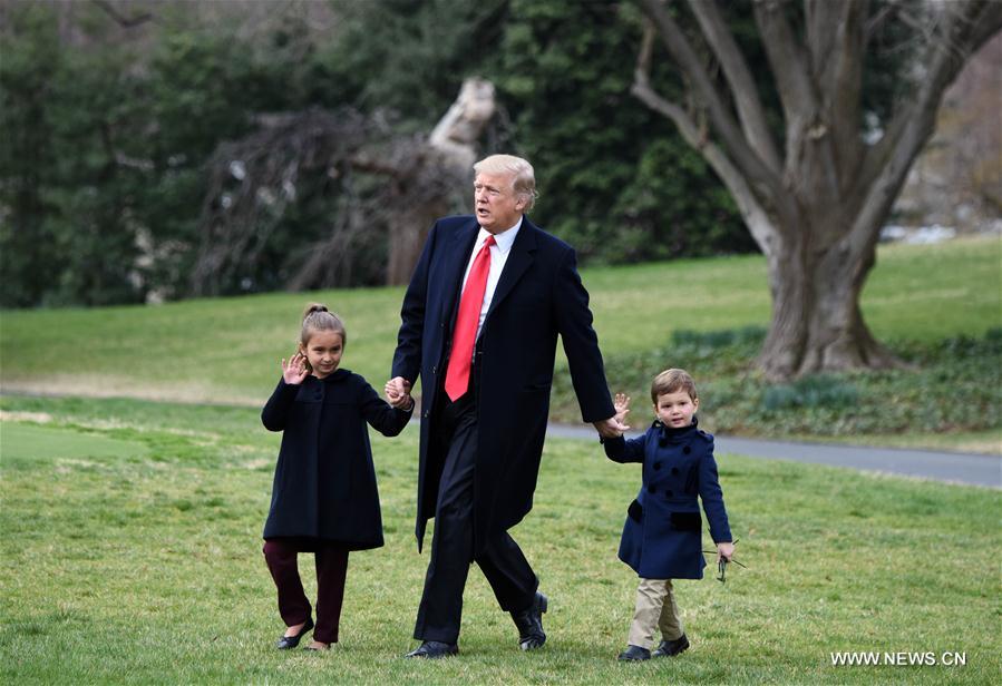 U.S. President Donald Trump walks with his grandchildren Arabella Kushner (L) and Joseph Kushner (R) to board Marine One from the White House in Washington D.C., the United States, March 3, 2017. U.S. President Donald Trump walks with his grandchildren Arabella Kushner (L) and Joseph Kushner (R) to board Marine One from the White House in Washington D.C., the United States, March 3, 2017.
