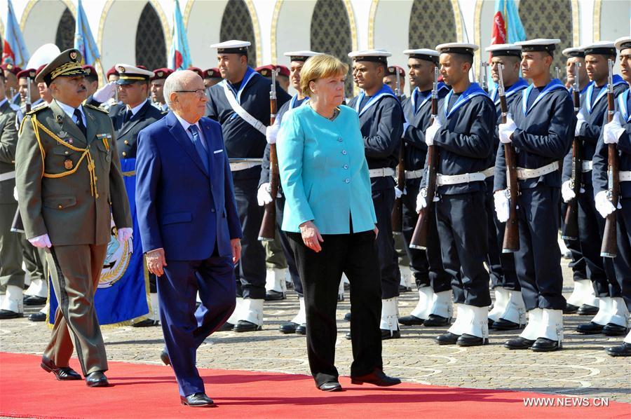 Tunisian President Beji Caid Essebsi (R) meets with German Chancellor Angela Merkel in Tunis, Tunisia on March 3, 2017.