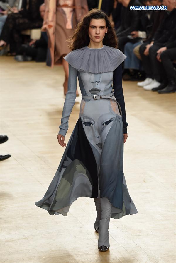 A model presents a creation of Nina Ricci during the Women's Ready-to-Wear Fall Winter 2017/2018 fashion week in Paris, France, on March 4, 2017. 