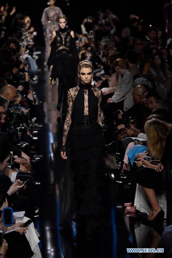 A model presents a creation of Elie Saab during the Women's Ready-to-Wear Fall Winter 2017/2018 fashion week in Paris, France, on March 4, 2017. 