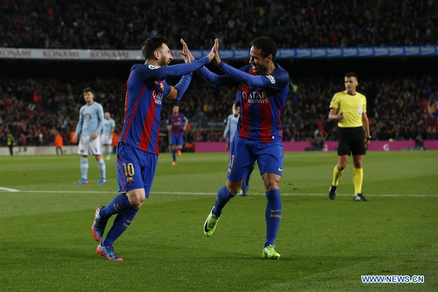 Barcelona's Lionel Messi (L) celebrates with Neymar after scoring during the Spanish first division soccer match between FC Barcelona and Celta de Vigo at the Camp Nou Stadium in Barcelona, Spain, March 4, 2017. Barcelona won 5-0. Barcelona's Lionel Messi (L) celebrates with Neymar after scoring during the Spanish first division soccer match between FC Barcelona and Celta de Vigo at the Camp Nou Stadium in Barcelona, Spain, March 4, 2017. Barcelona won 5-0.