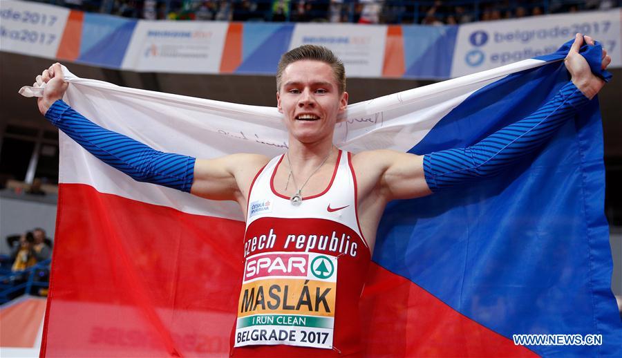 The Czech Republic's Pavel Maslak celebrates after winning the men's 400m final at the 2017 European Athletics Indoor Championships at the Kombank Arena in Belgrade, Serbia, March 4, 2017.