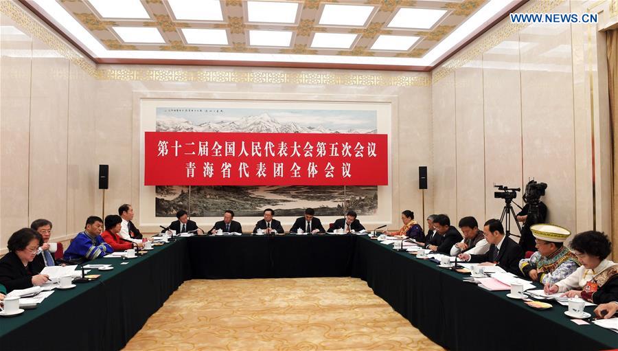 Photo taken on March 8, 2017 shows the scene of a plenary meeting of the 12th National People's Congress (NPC) deputies from Qinghai Province during the annual NPC session in Beijing, capital of China. The meeting was opened to media.