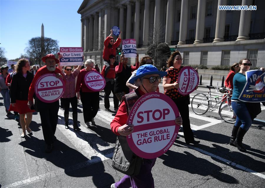 Hundreds of people attend a protest and march against U.S. President Donald Trump's global gag rule in Washington D.C., the United States, on March 8, 2017. Hundreds of people attend a protest and march against U.S. President Donald Trump's global gag rule in Washington D.C., the United States, on March 8, 2017.
