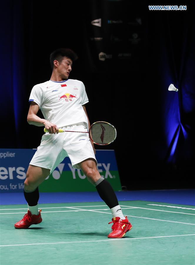 Chen Long of China reacts during the men's singles first round match with Marc Zwiebler of Germany at All England Open Badminton Tournament 2017 in Birmingham, Britain on March 8, 2017. 