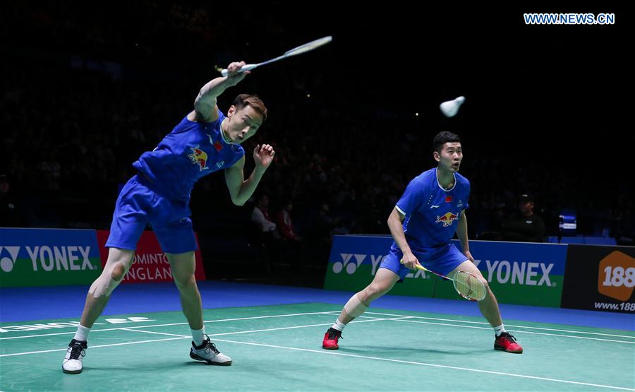 Liu Cheng/Zhang Nan (L) of China compete during the men's doubles semifinal against their teammates Li Junhui/Liu Yuchen at All England Open Badminton Championships 2017 in Birmingham, Britain on Mar. 11, 2017. Liu Cheng/Zhang Nan (L) of China compete during the men's doubles semifinal against their teammates Li Junhui/Liu Yuchen at All England Open Badminton Championships 2017 in Birmingham, Britain on Mar. 11, 2017.