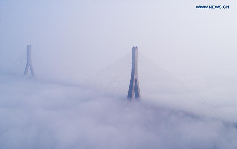 Tianxingzhou Bridge is enveloped by heavy fog in Wuhan, capital of central China's Hubei Province, March 7, 2017.