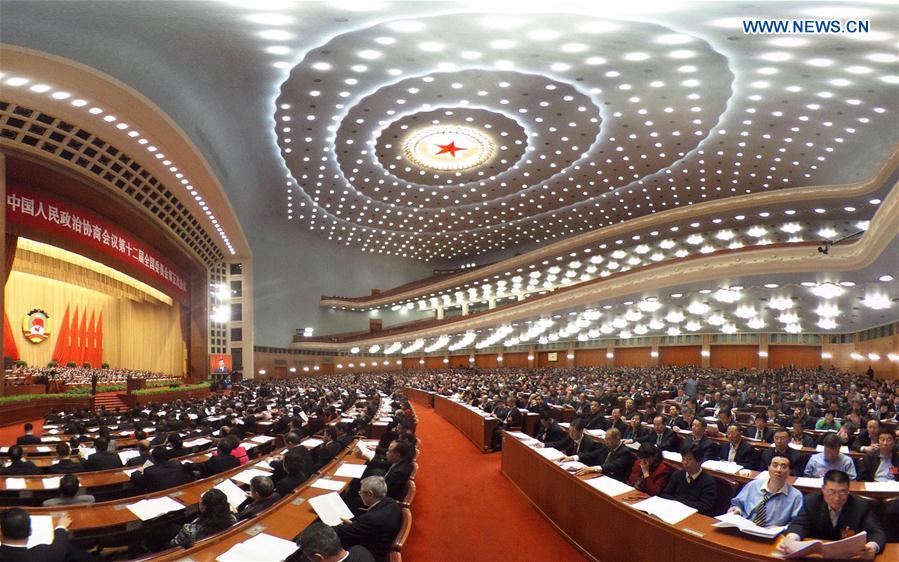 Photo taken by a panorama camera shows members of the 12th National Committee of the Chinese People's Political Consultative Conference (CPPCC) attending the second plenary meeting of the fifth session of the 12th CPPCC National Committee in the Great Hall of the People in Beijing, capital of China, March 9, 2017. 