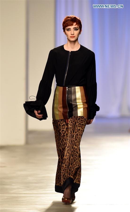 A model presents a creation of designer Filipe Faisca at the Lisbon Fashion Week Fall/Winter 2017/18 in Lisbon, capital of Portugal, on March 11, 2017. 