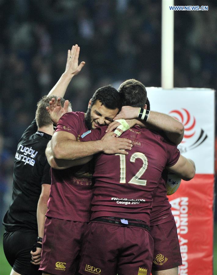 Georgia's players celebrate during the match of Rugby Europe Champioships 2017 between Georgia and Russia in Tbilisi, Georgia, March 12, 2017. 