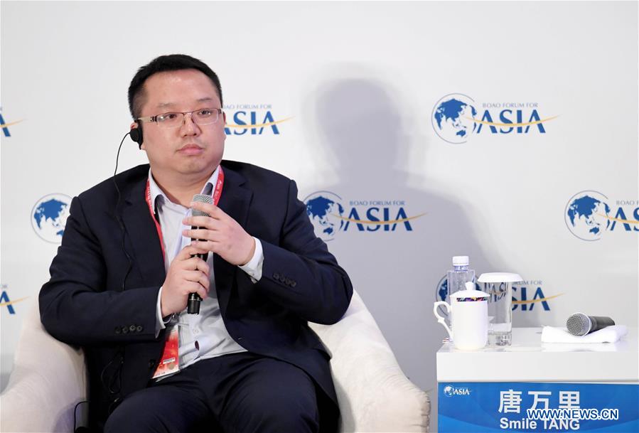 Smile Tang, chairman and CEO of food service sharing economy platform company in China Home-Cooking, addresses the session of 'Surviving the Capital Crunch' during the Boao Forum for Asia Annual Conference 2017 in Boao, south China's Hainan Province, March 23, 2017. 