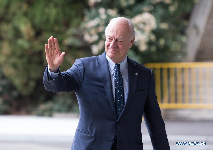 UN Special Envoy for Syria Staffan de Mistura gestures to media at Palais des Nations in Geneva, Switzerland, March. 24, 2017. The UN-mediated latest round of intra-Syrian peace talks kicked off in Geneva. (Xinhua/Xu Jinquan)