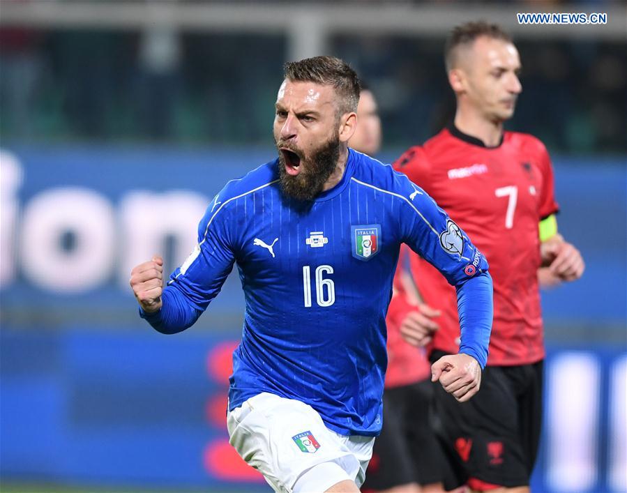 Daniele De Rossi of Italy celebrates after scoring a penalty during the FIFA 2018 World Cup Qualifying soccer match between Italy and Albania in Palermo, Italy, on March 24, 2017. 