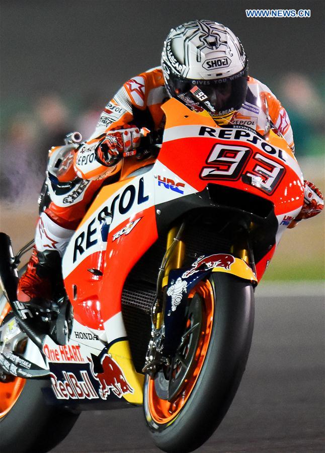 Spanish MotoGP rider Marc Marquez of Repsol Honda Team competes in the free-practice 2 during 2017 FIM MotoGP Grand Prix of Qatar at the Losail International Circuit in Doha, capital of Qatar, on March 24, 2017. 