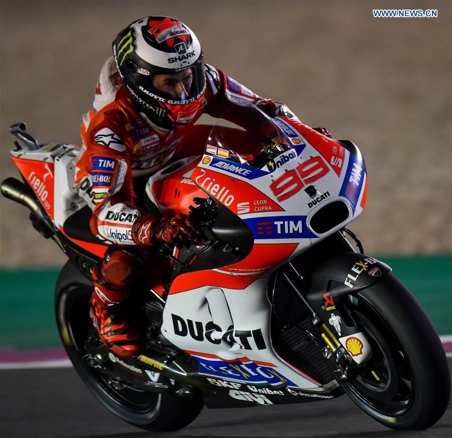 Spanish MotoGP rider Jorge Lorenzo of Ducati Team competes in the free-practice 2 during 2017 FIM MotoGP Grand Prix of Qatar at the Losail International Circuit in Doha, capital of Qatar, on March 24, 2017.
