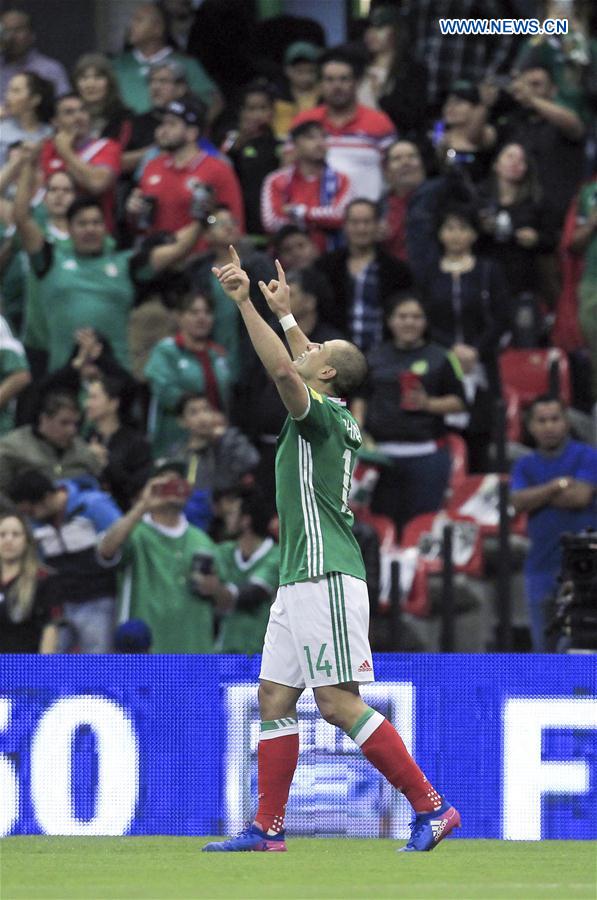 Mexico's Javier Hernandez celebrates after scoring during the qualifying match for 2018 Russia World Cup against Costa Rica in Mexico City, capital of Mexico, March 24, 2017. 