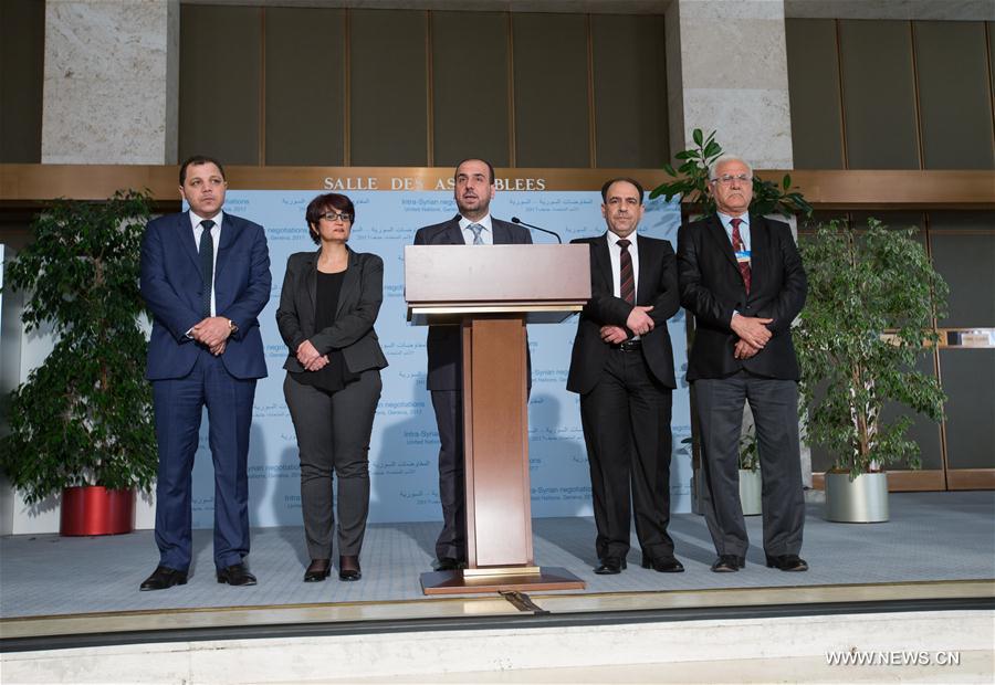 Syria's opposition delegation leader Nasr al-Hariri holds a press conference after meeting with the UN Special Envoy for Syria Staffan de Mistura in Geneva, Switzerland, on March 28, 2017. (Xinhua/Xu Jinquan) Syria's opposition delegation leader Nasr al-Hariri holds a press conference after meeting with the UN Special Envoy for Syria Staffan de Mistura in Geneva, Switzerland, on March 28, 2017. (Xinhua/Xu Jinquan)