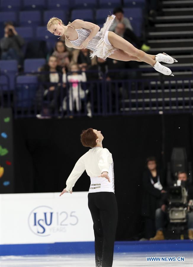 Russia's Evgenia Tarasova (Top) and Vladimir Morozov perform during the pairs short program of the ISU World Figure Skating Championships 2017 in Helsinki, Finland, on March 29, 2017. Tarasova and Morozov took the thrid place of the short program with 79.37 points. (Xinhua/Liu Lihang) Russia's Evgenia Tarasova (Top) and Vladimir Morozov perform during the pairs short program of the ISU World Figure Skating Championships 2017 in Helsinki, Finland, on March 29, 2017. Tarasova and Morozov took the thrid place of the short program with 79.37 points. (Xinhua/Liu Lihang)