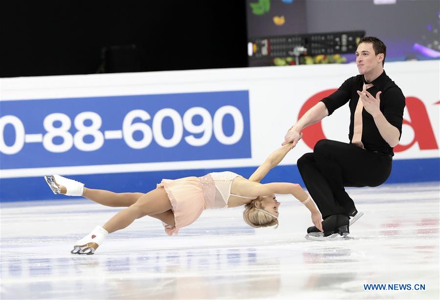 Germany's Aliona Savchenko (L) and Bruno Massot perform during the pairs short program of the ISU World Figure Skating Championships 2017 in Helsinki, Finland, on March 29, 2017. Savchenko and Massot took the second place of the short program with 79.84 points. (Xinhua/Liu Lihang)
