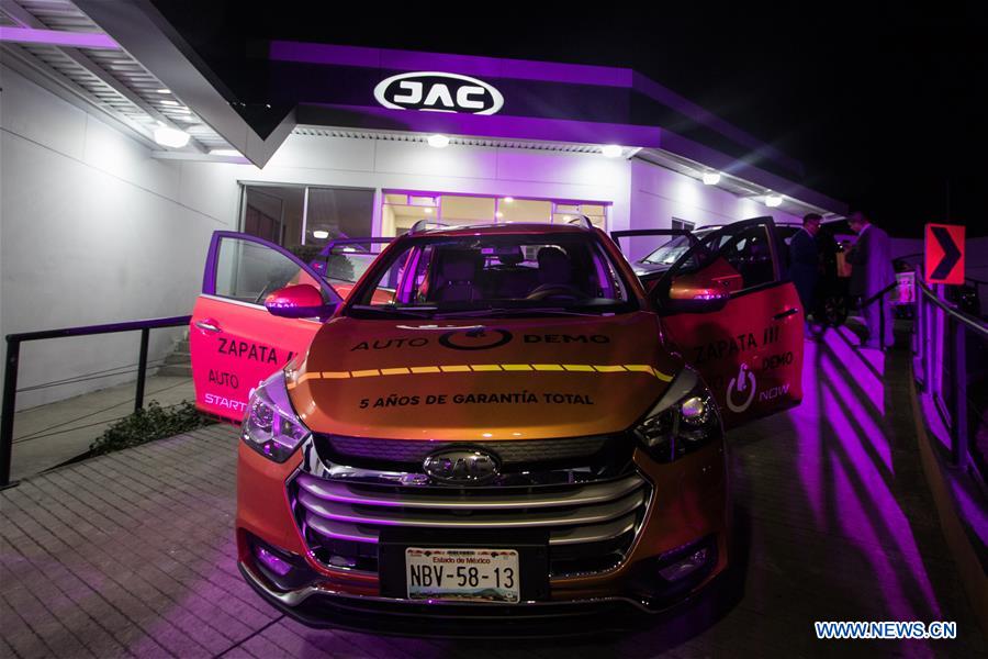 A JAC SEI 2 SUV is on display during the presentation of Chinese automaker JAC Motors, in Mexico City, capital of Mexico, on March 28, 2017. Chinese state-owned automaker JAC Motors presented on Tuesday night the first two SUVs manufactured at a plant in Tepeapulco, in the central Mexican state of Hidalgo. (Xinhua/Francisco Canedo) 