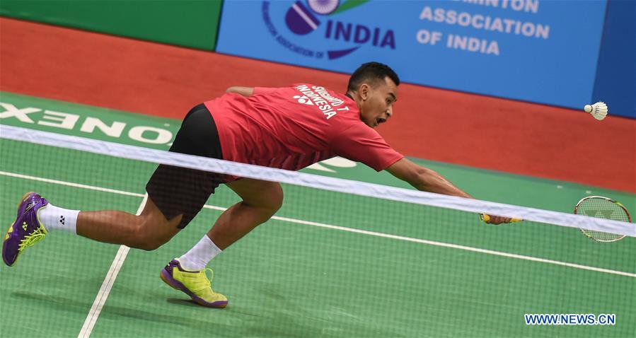 Tommy Sugiarto of Indonesia competes during the 2nd round of men's single against Huang Yuxiang of China in Yonex Sunrise Indian Open Badminton Championship in New Delhi, India, March 30, 2017. Tommy Sugiarto won 2-1. Tommy Sugiarto of Indonesia competes during the 2nd round of men's single against Huang Yuxiang of China in Yonex Sunrise Indian Open Badminton Championship in New Delhi, India, March 30, 2017. Tommy Sugiarto won 2-1.
