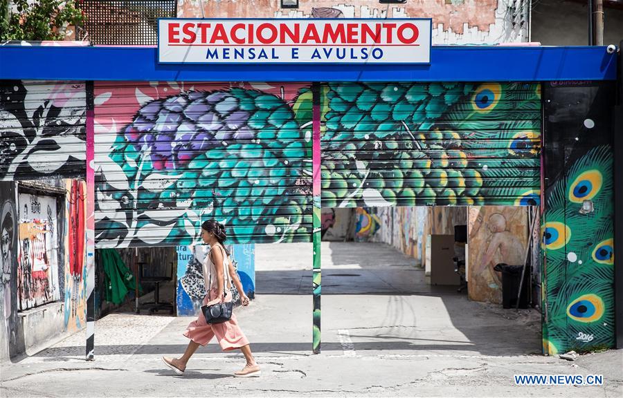 A woman walks by a parking lot at the Batman's Alley in Sao Paulo, Brazil, on March 29, 2017. Batman's Alley is a popular tourist destination because of the dense concentration of graffiti that line the streets. (Xinhua/Li Ming) 