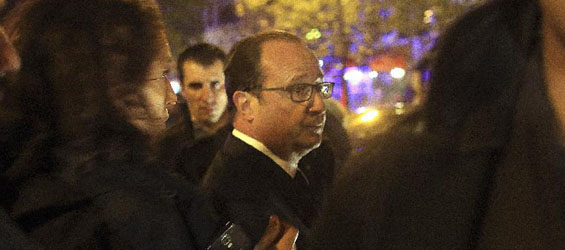 Hollande arrives to visit Bataclan theater in Paris