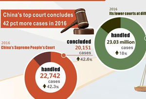China's top court concludes 42 pct more cases in 2016