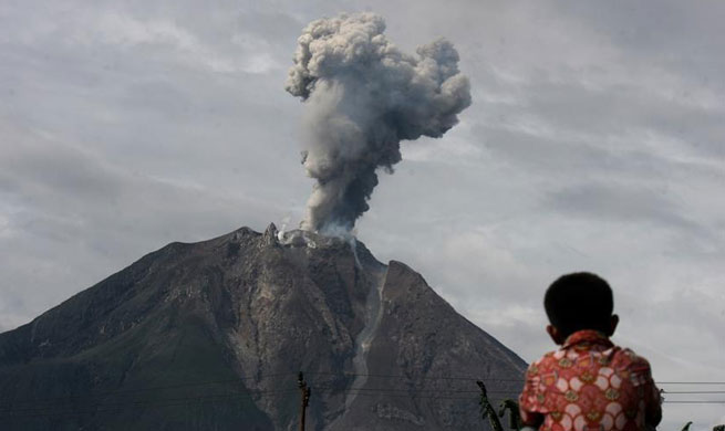 Mount Sinabung spews volcanic ash in North Sumatra, Indonesia